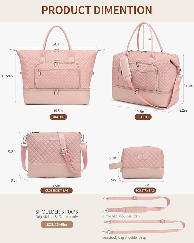 Duffle Bag for Women Travel, Weekender Bag Overnight Bag with Shoe Compartment, Carry on Bag with Crossbody Purse for Over Night, Weekend, Yoga, Gym, Business Trips, Hospital, Pink