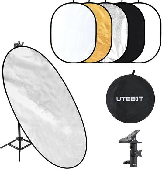 35"x47" Photography Reflector with Stand, Include Clamp&Carrying Bag | 5-in-1 Oval Foldable Reflector, Translucent/Silver/Gold/White/Black Photography Reflector for Studio&Outdoor Lighting