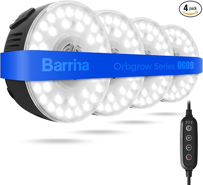 Barrina OG09 Puck Grow Light, 36W(4 x 9W), 5000K, Timer, 4 Packs, Black | Full Spectrum Plant Light for Indoor Plants, Magnetic & Linkable, 5 Levels Dimmable, Small Grow lamp, Perfect for Plant Shelf