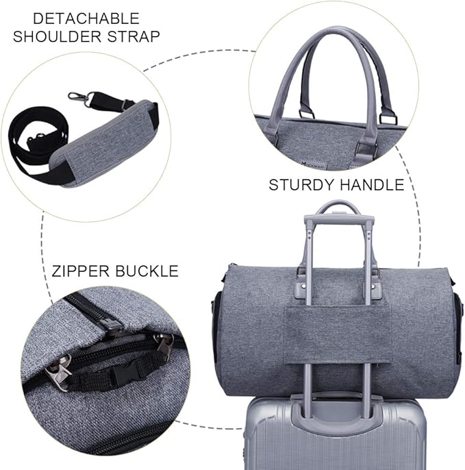 Modoker Convertible Garment Bag with Shoulder Strap, Carry on Garment Duffel Bag for Men Women - 2 in 1 Hanging Suitcase Suit Travel Bags, Grey Heather