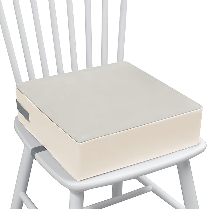 Toddler Booster Seat Dining Table Kitchen Chair, Waterproof Anti-Scratch PU Cushion, Non-Slip Bottom, Adjustable Buckle Straps, Easy Clean Portable Seat Cushion (Grey+White)