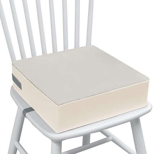 Toddler Booster Seat Dining Table Kitchen Chair, Waterproof Anti-Scratch PU Cushion, Non-Slip Bottom, Adjustable Buckle Straps, Easy Clean Portable Seat Cushion (Grey+White)