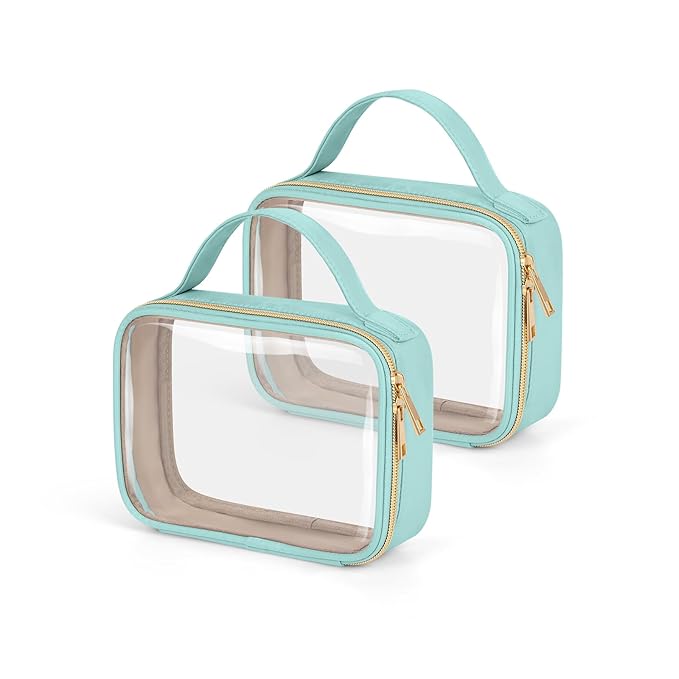 Wedama TSA Approved Toiletry Bag, 2 Pack Clear Makeup Bags with Handles, Quart Size PVC Clear Cosmetic Bags for Women and Men, Carry on Airport Airline Compliant Bag, Cyan Green
