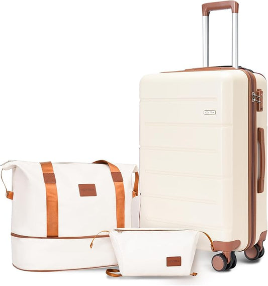 3-Piece Luggage Set with 20” Carry On, ABS Hardside Suitcase with Spinner Wheels & TSA Lock, Easy-Control Rolling Suitcase for Business Trips & Weekend Getaways (20/TB/DB Beige)