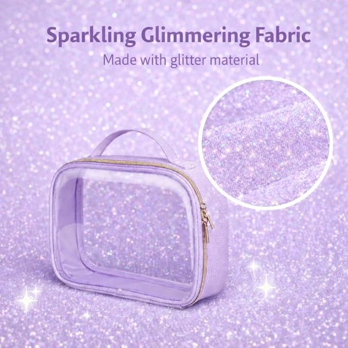 PACKISM Glitter Texture TSA Approved Toiletry Bag Set, Style Clear Makeup Bag with Handle, 1 TSA Medium & 1 Large for Travel, Gift for Women, Purple
