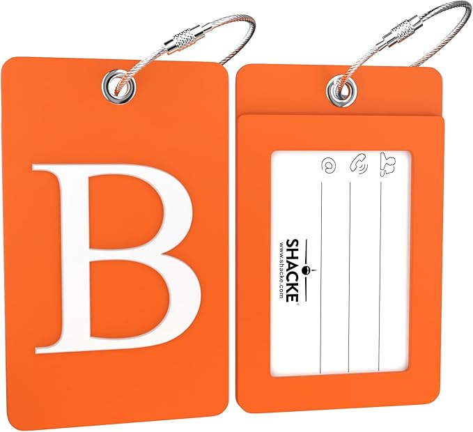 Shacke Luggage Tag Initial – Fully Bendable Tag w/Stainless Steel Loop - Orange (Letter B)