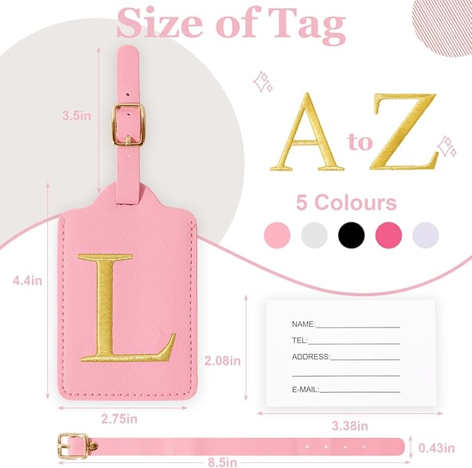 Personalized Initial Luggage Tags for Suitcases,Leather Letter Cute Luggage Tags with Privacy Name Card,Embroidered Monogrammed Travel Bag Backpack Tag Gifts for Women Kids Girls Teens(Pink-L)