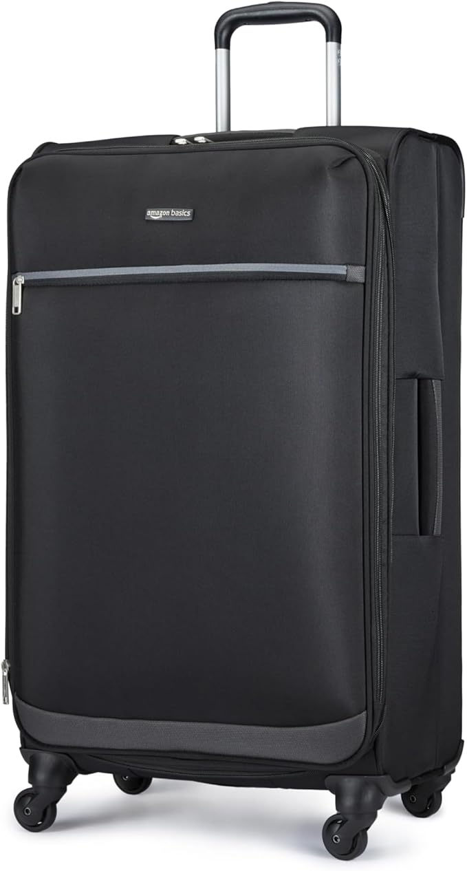 Amazon Basics 28" Large Checked Softside Expandable Suitcase with 360-Degree Multi-directional Spinner Wheels, Expandable Capacity, Zippered Pockets, Telescoping Handle, Black