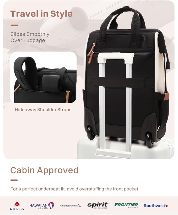 Rolling Puffer Backpack for Women, Travel Backpack with Wheels, 16 Inch Wheeled Laptop Backpck, Dual-Opening Design Overnight College Underseat Carry on Luggage, Roller Business Work Bag, Beige Brown