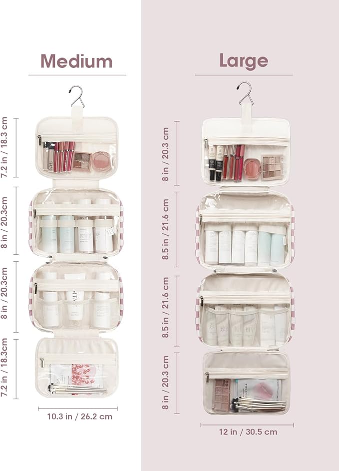 Narwey Travel Toiletry Bag for Women Large Hanging Makeup Bag Organizer Toiletries Bag for Full Size Essentials Accessories Cosmetics (Dusty Pink Checkerboard (Large))
