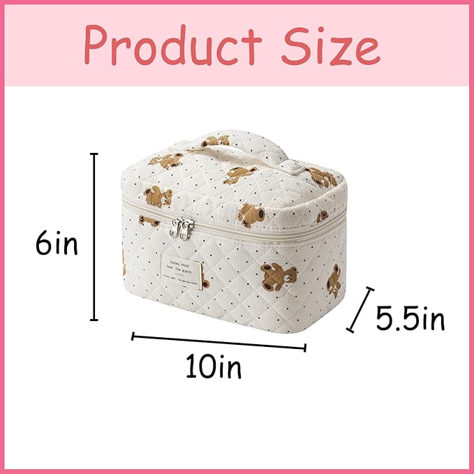 uekeboag Large Travel Quilted Makeup Bag for Women, Floral Cotton Cosmetic Bag, Coquette Aesthetic Floral Toiletry Organizer Bag