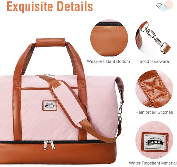 Weekender Bags for Women, Travel Duffle Bag Carry On Travel Bag Overnight Bag with Shoe Compartment Toiletry Bag, Large Weekend Tote Bag Gym Bag Hospital Bag for Labor and Delivery, 50L Quilted Pink