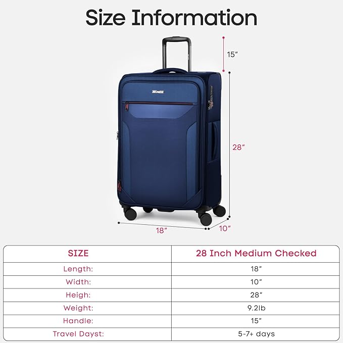 28 Inch Softside Expandable 20% Checked Luggage w/TSA LOCK and Spinner Wheels,Lightweight Upright Softshell Luggage for Men/Women（Navy,28in）