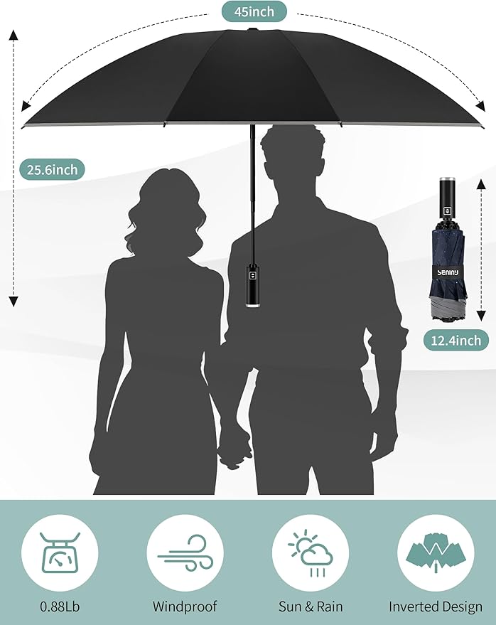 Seniny Inverted Travel Umbrella Compact - Windproof Umbrellas for Rain with Reflective Strip, Large UV Umbrella for Sun Protection, Automatic Portable Umbrellas Fold in Reverse for Car, Backpack