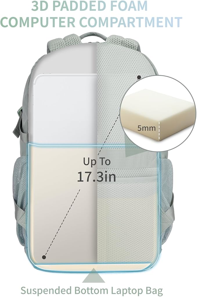 ECOHUB Travel Backpack for Women, 17.3 inch Suspended Laptop Backpack, Fashion Water-Resistant College Computer Bookbag, 28L Personal Item Bag with 12 Pockets for Causal, Work, Green