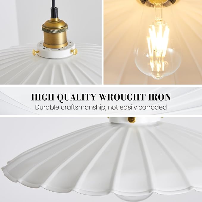 Plug in Pendant Light 13.8 Inch Round Metal Shade Vintage White Pendant Light for Kitchen Island 13Ft Adjustable Dome Industrial Hanging Lamp Living Room