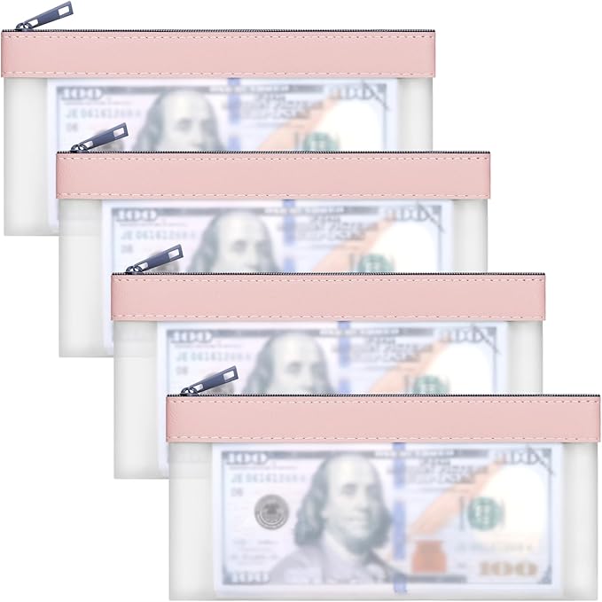 VOCHIC 4pcs Storage Bags with Zipper, Pink TPU Money Pouch, Clear Bank Deposit Bags, Waterproof Cash Bag for Collectors, Multi-Purpose Check Wallet (Pink, 7.6 x 3.7 inch, 4 Bags)