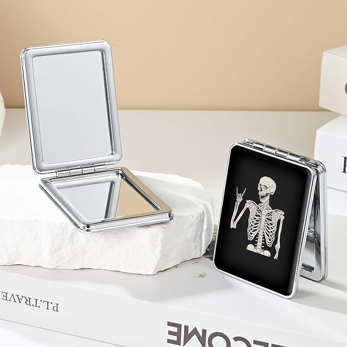 Pocket Mirror, Small Travel Mirror with Magnification, Portable Double-Sided Magnifying Cosmetic Mirror for Daily (Skull)