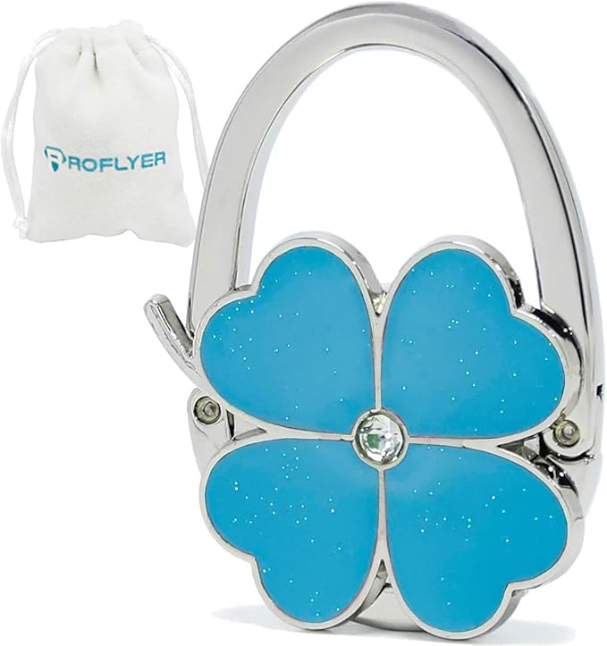 ROFLYER Four Leaf Clover Design Foldable Handbag Hanger Folding Purse Table Hook Holder (Blue)