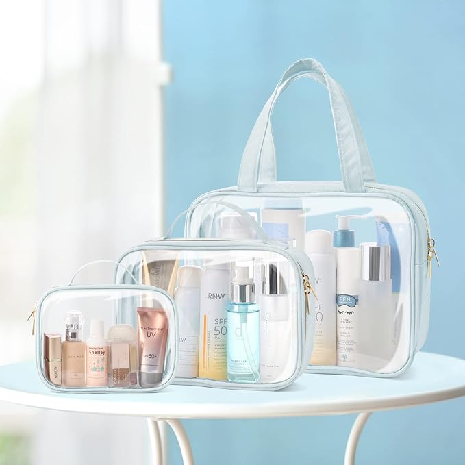 PACKISM Clear Makeup Bag Combo Pack, 1 TSA Approved Medium & Large/XL for Checked Luggage, Clear Toiletry Bag with Handle, Water-resistant Travel Essentials Organizer, Grayish Blue