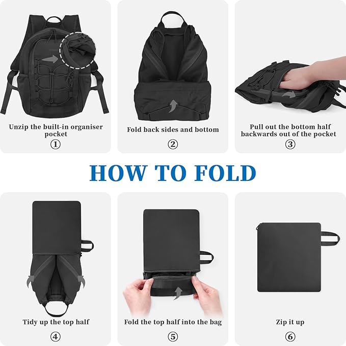 ZOMFELT Hiking Backpack for Women Men, 25L Lightweight Packable Backpacks for Trip, Water Resistant Small Travel Backpack, Foldable daypack for Hiking, Walking, Cycling, Camping, Black