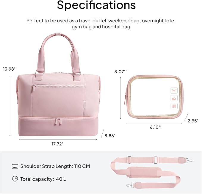 Travel Duffle Bag for Women, 40L Weekender Bags Airline Approved Carry On with Shoe Compartment & Waterproof Wet Pocket, Durable Nylon Weekender Overnight Bag for Travel, Gym, Business Trip, Pink
