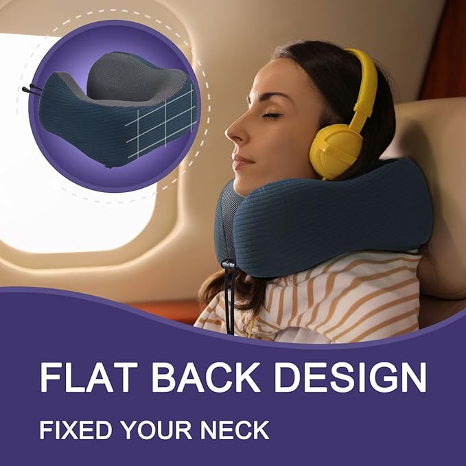 napfun Neck Pillow for Travel with Travel Pouch, Sleep Mask & Earplugs, Memory Foam Airplane Pillow for Headrest Sleep with Eyeshades, Plane Essentials with Eye Blindfold, Deep Blue Striped Kit