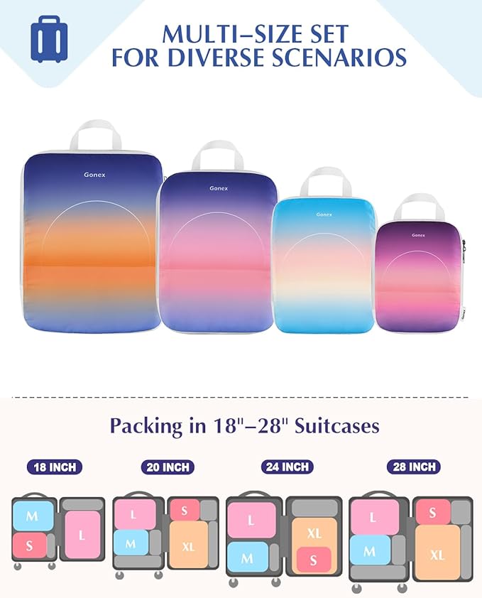 Gonex Compression Packing Cubes, 4pcs Expandable Storage Travel Luggage Bags Organizers, Travel Cubes for Suitcase Carry On (Gradient)