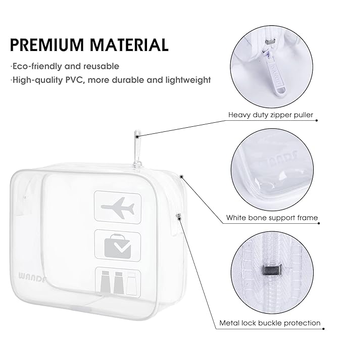 WANDF TSA Approved Toiletry Bag, 2 Packs Travel Clear Toiletry Bag, Quart Size Makeup Cosmetic Pouch with Zipper, Carry-On Airport Compliant Bag for Women and Men (3pcs White)