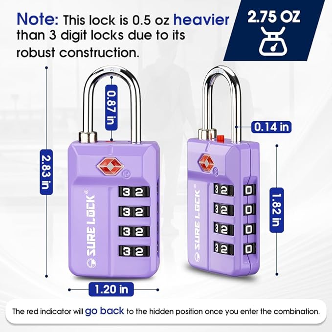 SURE LOCK TSA-Approved 4-Digit Resettable Combination Luggage Lock with Open Alert, Easy-Read Dials - for Luggage, School Lockers, Gym, Office, Toolbox & Security Cases (Purple 2 Pack)