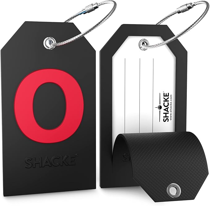 Shacke Large Luggage Tag Initial with Full Privacy Cover and Stainless Steel Loop - Black (Letter O)
