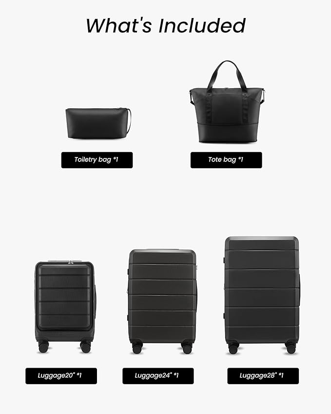 5 Piece Luggage Set Hardside Expandable Suitcase with TSA Lock Spinner Wheels Lightweight Travel Set Includes Tote and Toiletry Bag, (5 Piece Sets, Black)