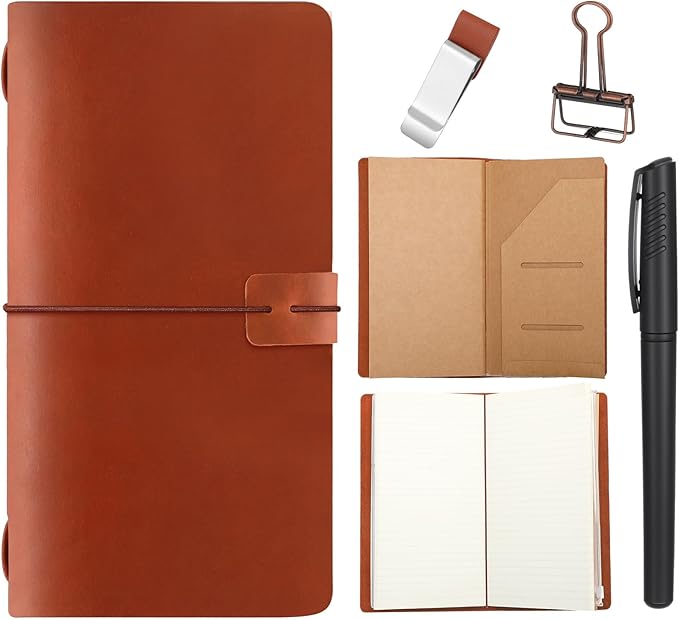 Thenshop Travelers Refillable Leather Journal Notebook Travel Diary Handmade Passport Travelers Journal for Men and Women with 3 Notebook Inserts, Pen Holder, Binder Clip(Brown,Stand Size)
