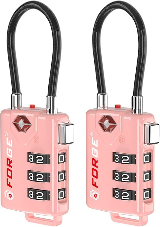 Forge TSA Approved Cable Luggage Locks, 2 Pink Locks, Re-settable Combination with Alloy Body
