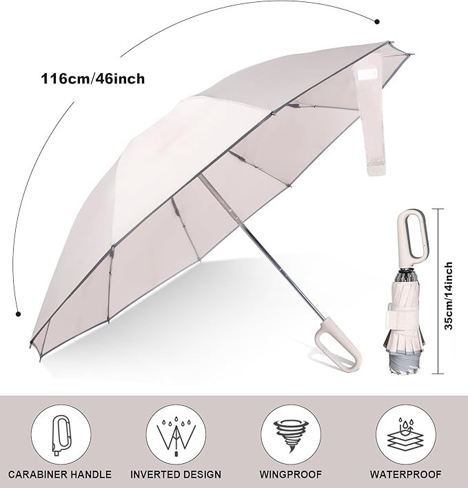 QWB TUMAAOTU Inverted Umbrella with Carabiner Handle, Compact Wind Proof Umbrellas For Rain and Sun Protection, Portable Reverse Folding Umbrella, Car Umbrella for Women Men, 10 Ribs