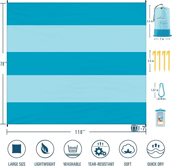 Beach Blanket Sandproof Waterproof 78''×110'' 1-7Adults Oversized,Compact Lightweight Durable Beach Mat for Travel Camping Hiking Picnic Blanket