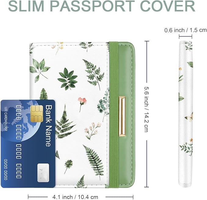 Passport Holder Cover Travel RFID Blocking Passport Cover Cute Flowers Passport Wallet with Elastic Band for Women, Green Plants