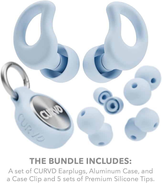 CURVD Everyday Earplugs + Case Clip Bundle, Perfect Ear Plugs for Sleep, Travel, Noise Sensitivity/canceling + Portable Waterproof Container & Silicone Sleeve for Ear Plugs(Blue)