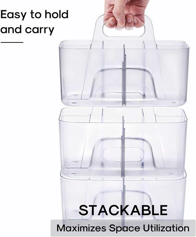 Multiuse Caddy Organizer with Handle, Portable Plastic Tote Bin - Art Craft, Stationary Pen Marker Crayons, Makeup Hair Supplies Storage - Bathroom, Classroom, Dorm, Office, Desk Holder -Frosted Clear