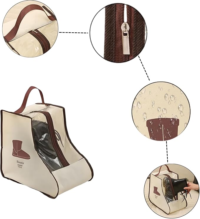2 Set Boot Storage - Portable Short & Tall Boots Protector Bag, Dust-Free Travel Shoe Sleeves, Clear Cover for Sneakers (Beige-Tall)