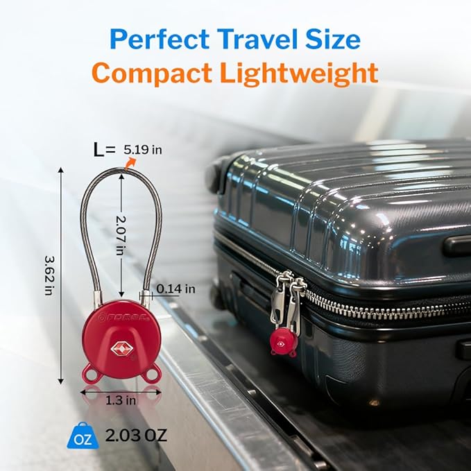 Forge TSA Approved Luggage Locks Ultra-Secure Dimple Key Cable Locks for Travel with Zinc Alloy Body- 2 Red Locks