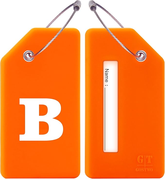 Gostwo 2 Pack Silicone Luggage Tags for Suitcases, 26 Initial Letter Baggage Labels Handbag School Bag Suitcase Instrument Tag with Stainless Steel Loop(Orange)(Letter B)