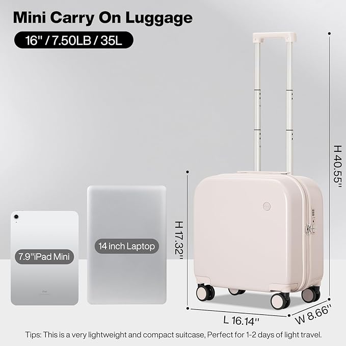 mixi Carry on Luggage, Suitcase with Spinner Wheels 16in Luggage Hardshell Lightweight Rolling Suitcases PC with Cover & TSA Lock, Off White（Slight Pink）