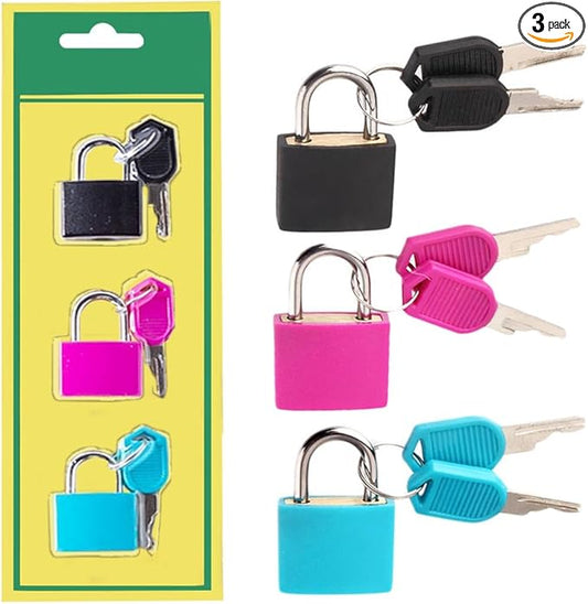 3 Pcs Small Locks with Keys,Multicolor Mini Key Locks, Plastic-Covered Copper Keyed Padlock for Luggage, Backpack, Gym Locker, Suitcase, Boxes