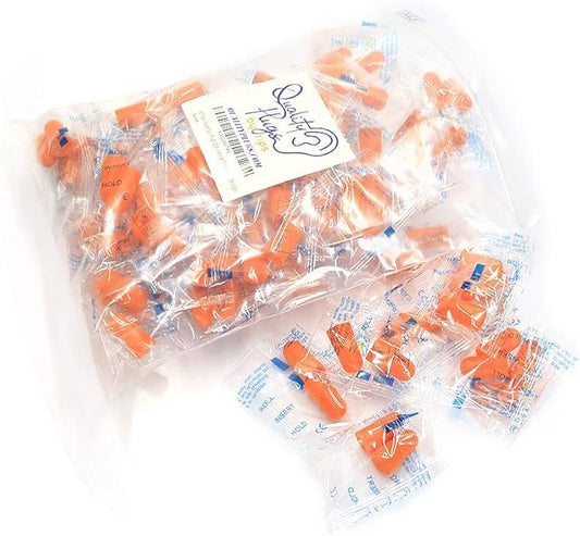 Quality Foam Earplugs 50 Pair- 32dB Noise Cancelling Disposable Individually Wrapped Packaged Bulk High Decibel Ear Plugs for Sleeping Travel Concert Shooting Hunting Study Work Construction Safety