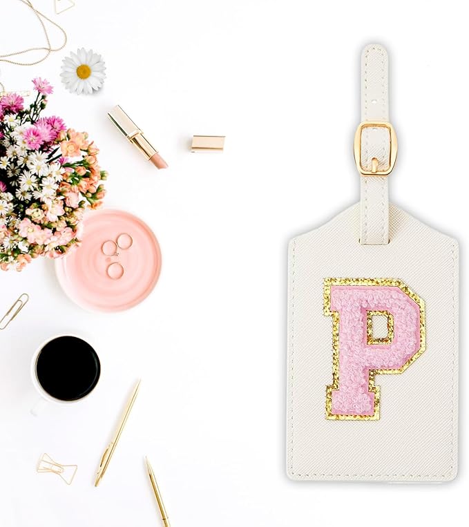 CHOIEO Initial Luggage Tag, PU Leather, Embroidered, Letter, Monogrammed, Luggage Tag for Baggage Bag Suitcase (P, White Leather+Pink Letter)