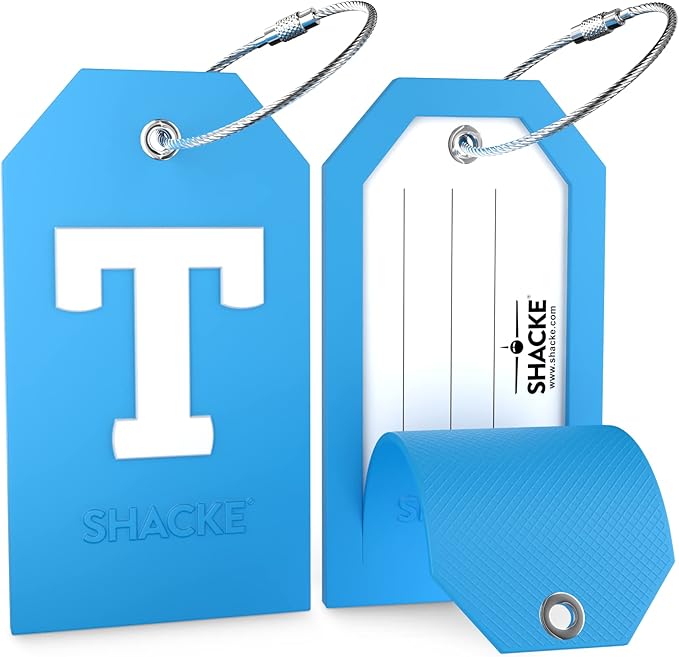 Shacke Initial Luggage Tag with Full Privacy Cover and Stainless Steel Loop - Aqua Teal (Letter T)