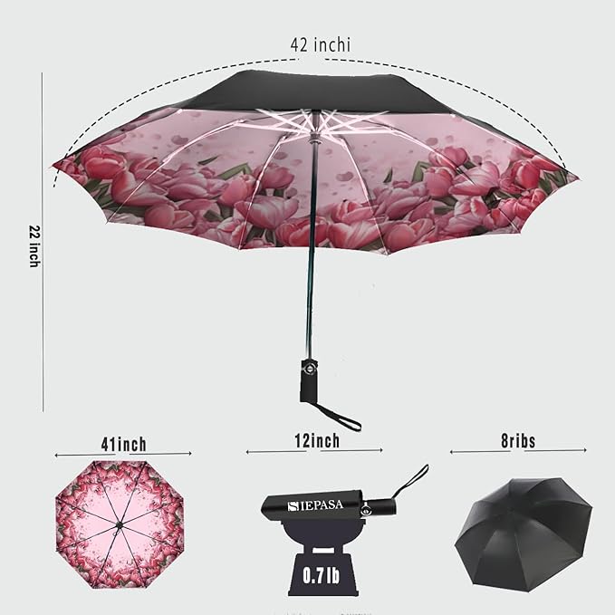 SIEPASA Windproof Travel Compact Umbrella-Automatic Umbrellas for Rain- Folding Umbrella, Travel Compact Umbrella.(Inverted/Tulip)