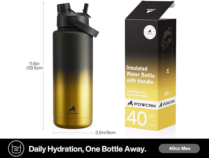 POWCAN 40 oz Insulated Water Bottle with 2-in-1 Straw and Spout Lid, Keep Cold 24H, Leak-Proof, BPA-Free, Double Wall Stainless Steel Water Bottle for Sports, Gym, Travel, Gift, and School (King)