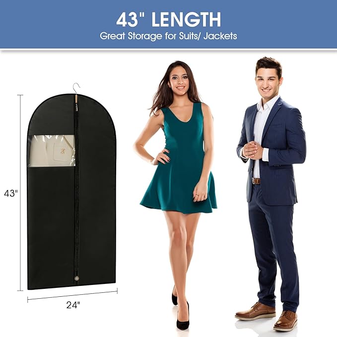 Suit Bags for Closet Storage, 43'' Garment Bags for Hanging Clothes, Suit Garment Bag, Black Suit Cover Bags with Clear Window for Coats, Jackets, Shirts（2 Packs）